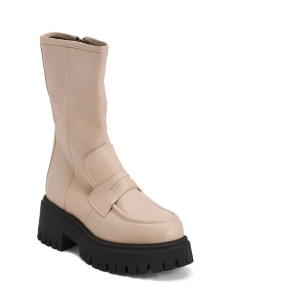 NWT NIB Free People Madison Leather Loafer Platform Boot Light Tan 38 Side Zip